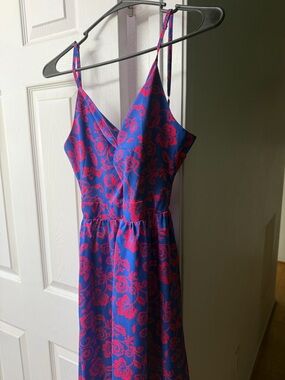 Open Back Tie Floral Blue Dress with Pink Print Spaghetti Straps
